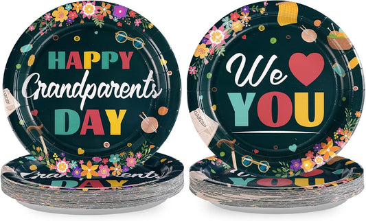 Grencian 50Pcs Grandparents Day Party Supplies 9'' Happy Grandparents Day Paper Plates Grandma and Grandpa Disposable Tableware for Grandma and Grandpa Home Party Supplies