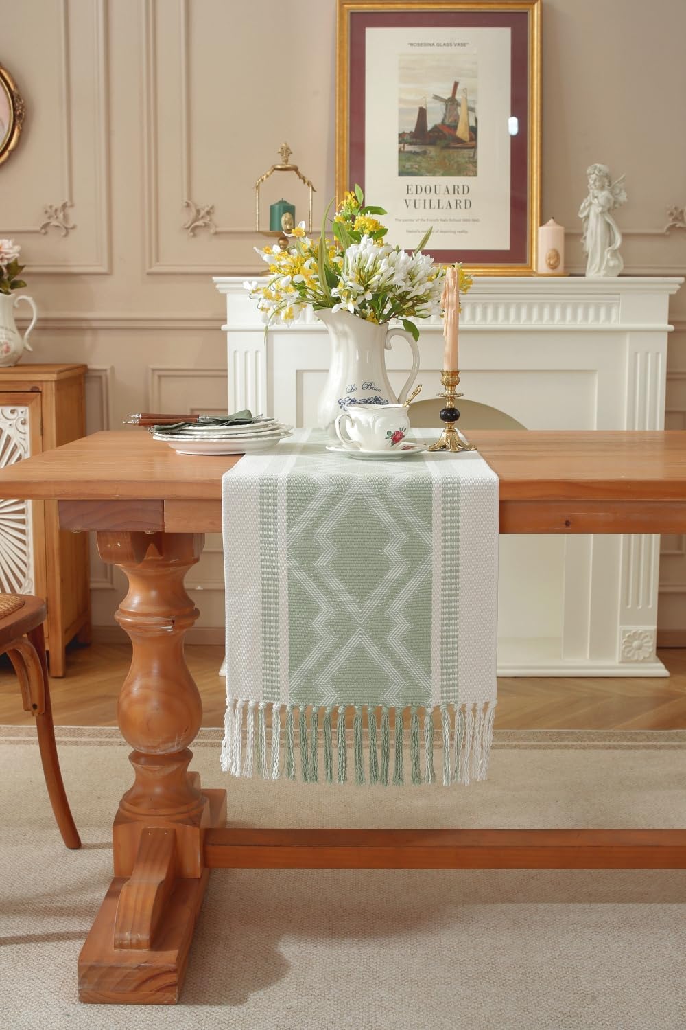 Boho Table Runner ， Natural Cotton Woven Aqua Runner，for Modern Farmhouse Decor, with Tassels for Home Dining Table Decor 14 x 90 Inch Long