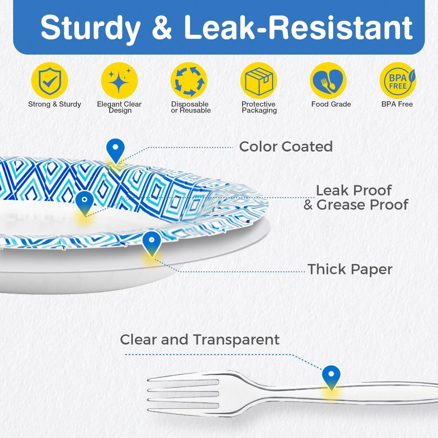 Charmount 300Pcs Paper Plates 8.5 Inch Bulk, 150 Disposable Plates with 150 Clear Plastic Forks, Soak-Proof Tableware for Daily Use, Breakfast, Lunch, Dinner, Party, Camping