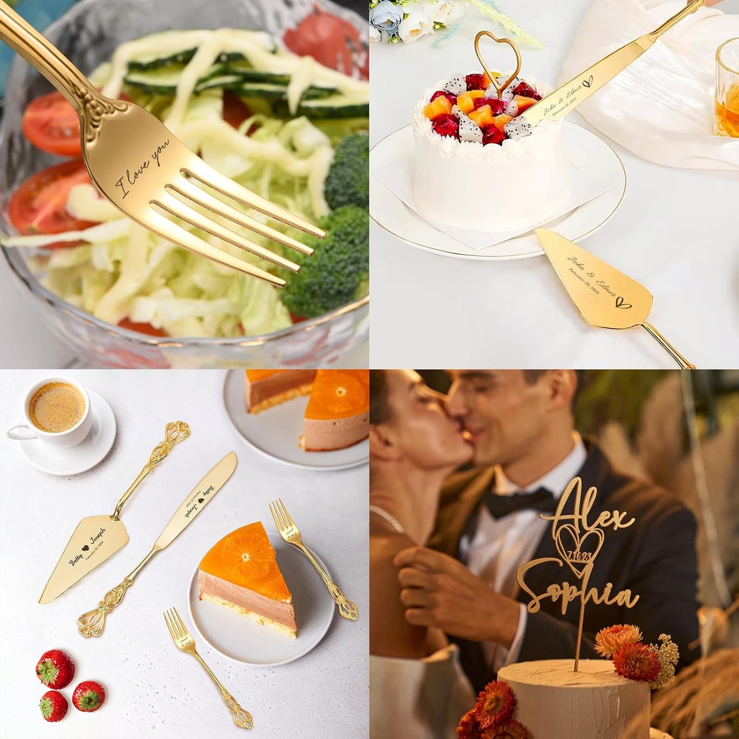 Personalized Wedding Cake Knife and Server Set Engraved Gold Cake Cutter Server Forks Custom Cake Cutting Set for Wedding Anniversary Engagement Birthday Gifts
