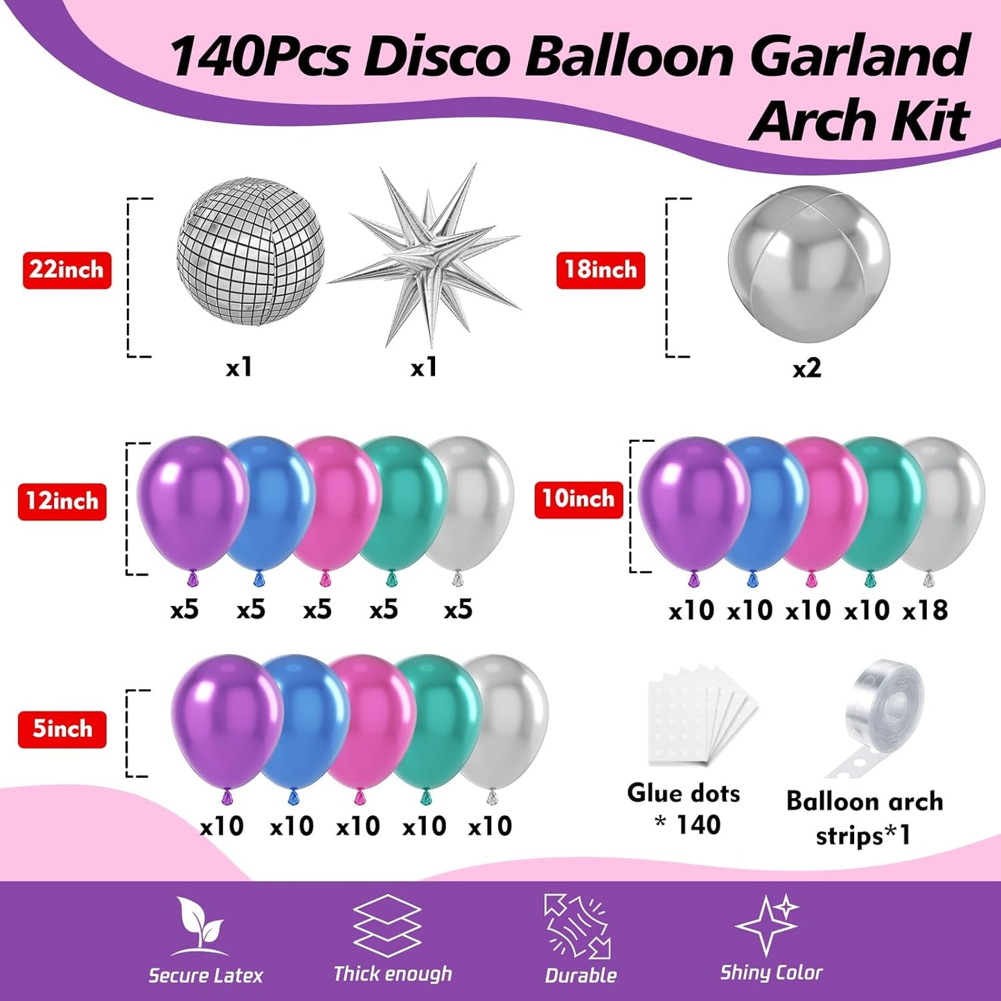 Disco Balloons Garland Arch Kit - 22 18 12 10 5 inch Metallic Purple Blue Hot Pink Green Silver Chrome Disco Balloon with for Birthday Sing Themed 70S 80S 90S Bachelorette Party Decorations