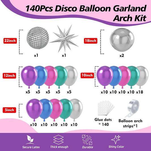 Disco Balloons Garland Arch Kit - 22 18 12 10 5 inch Metallic Purple Blue Hot Pink Green Silver Chrome Disco Balloon with for Birthday Sing Themed 70S 80S 90S Bachelorette Party Decorations
