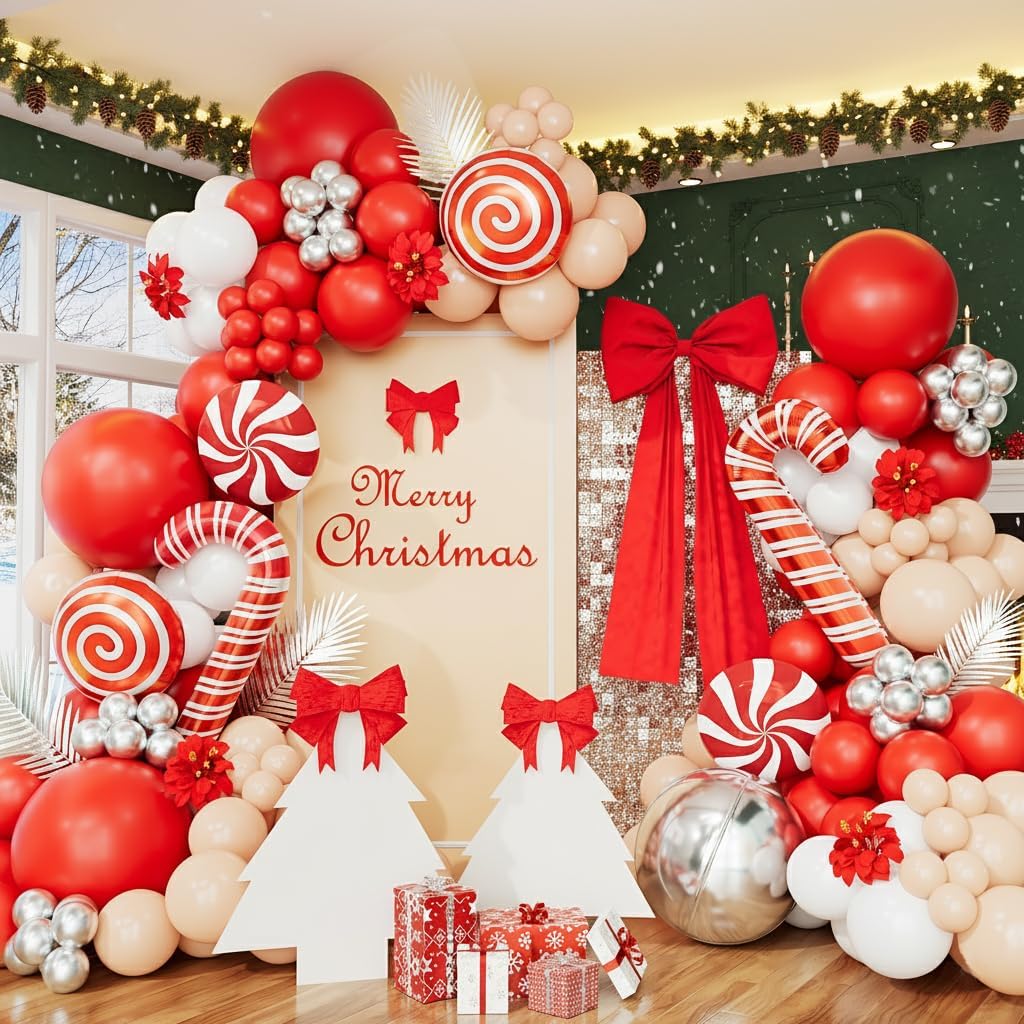 Christmas Balloon Garland Arch Kit, Red White Silver Apricot Balloons Candy Cane Foil Balloons Christmas Backdrop for Xmas Winter Holiday Party Decorations
