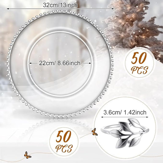 Bokon 50 Set Clear Charger Plates Bulk 13 Inch Beaded Plastic Charger Plates with Napkin Rings Acrylic Round Dinner Table Decorative Plates for Party Wedding Thanksgiving(Clear and Silver)