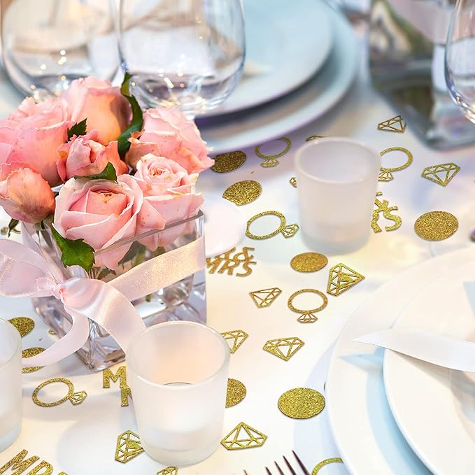 220 Pieces Gold Wedding Table Confetti, Paper Mr and Mrs Gold Diamond Ring Circle Dots Diamond Glitter Confetti for Marriage Ceremony Anniversary Valentine