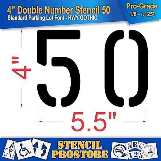 Pavement, Curb, and WheelStop Stencils - 4 inch Double Number Stencil - (50) - 4" x 5.5" x 1/8" (128 mil) - Pro-Grade