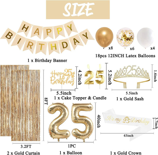 Trgowaul 25th Birthday Decorations for Women, Banner, Sash and Crown, Cake Topper, 25 Number Balloon, Fringe Curtains, Champagne Gold 25th Birthday Party Supplies