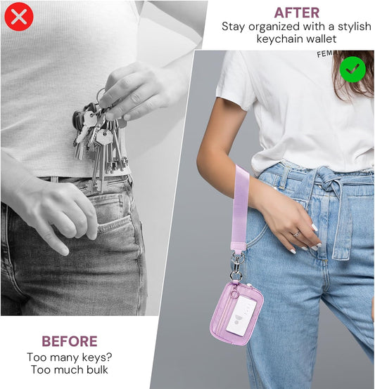 Keychain Wallet for Women Mini Zip Card Holder with ID Window Coin Purse Detachable Wristlet Small Wallets Light Purple