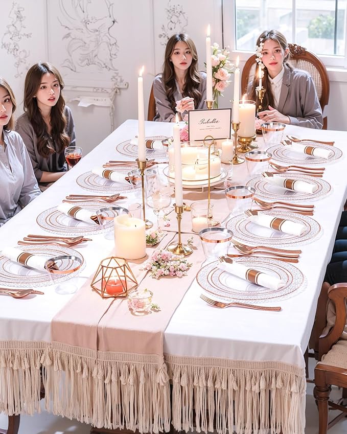 Ciaell 350PCS Rose Gold Plastic Plates - Clear Rose Gold Disposable Plates with Plastic Silverware include 100Plates, 150Silverware, 50Cups, 50Napkins for Wedding & Party & Easter