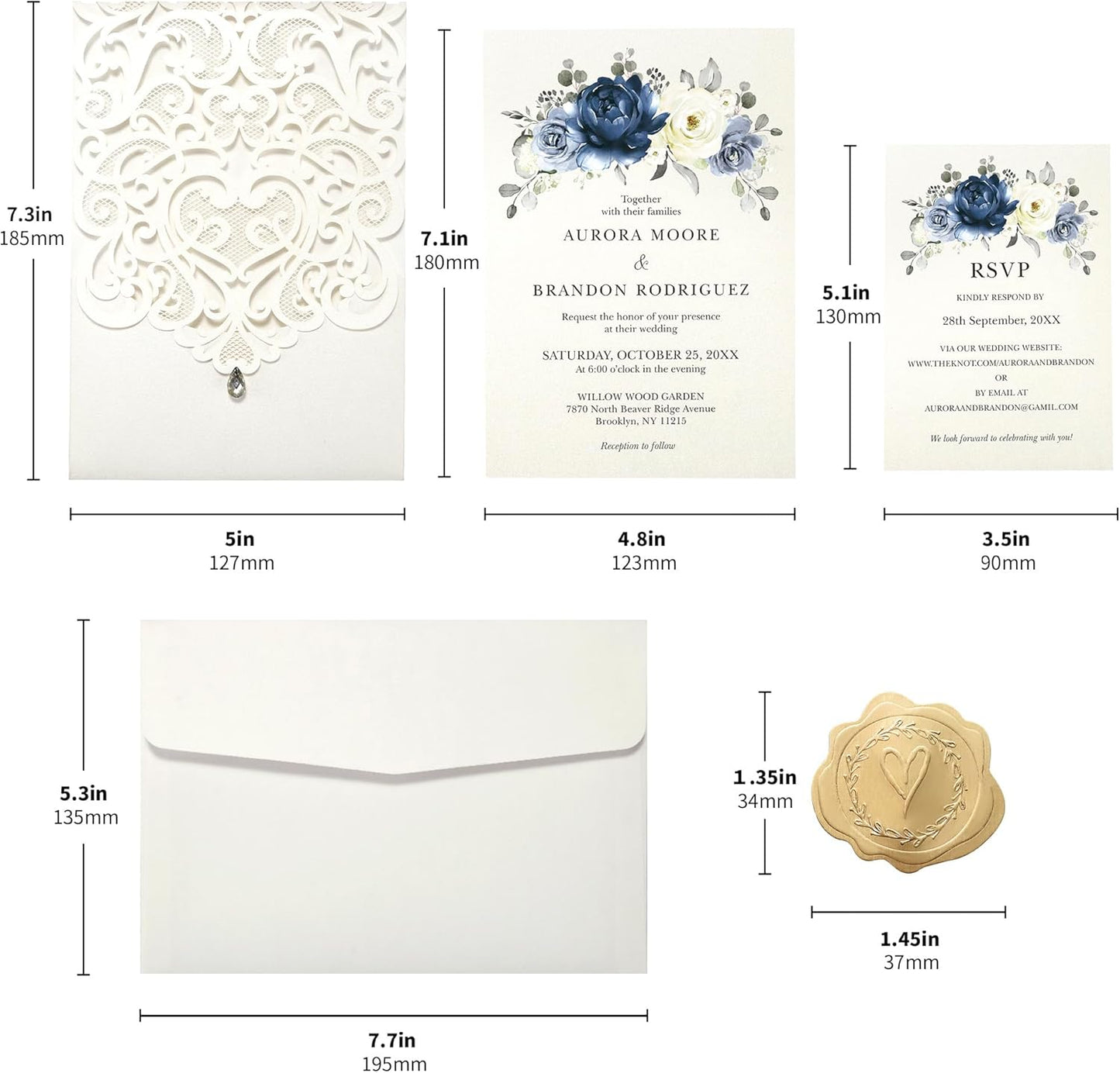 50pcs Laser Cut Wedding Invitations with Envelopes and RSVP Cards Blue and Ivory White, 5x7.3 Personalized Invitation Cards for Wedding, Anniversary Invitations with Rhinestone