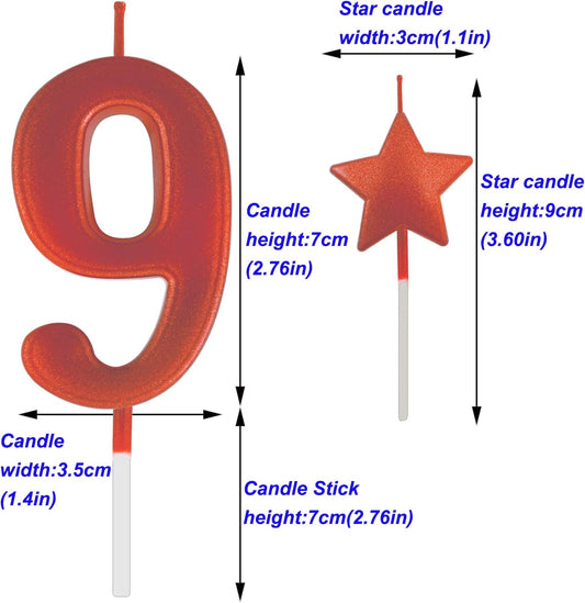 2.75in Red Number 9 Birthday Candles, Glitter Red Happy Birthday Cake Cupcake Toppers Decoration and Celebrating for Adults/Kids Party Baking (2.75in Red Number 9)