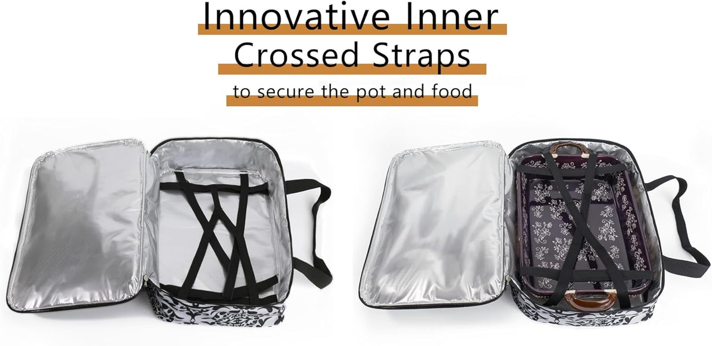 Insulated Casserole Carrier Fit 9"x13" Lasagna Baking Dish for Hot or Cold Food Transport,Thermal Lunch Warmer Tote Bag Upgrade add Fixing Strap for Gathering,Camping,Travel,Cookouts,Parties-Black