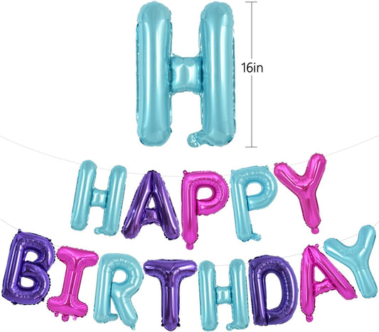 TONIFUL Happy Birthday Balloons Banner with Ribbon Straw,16 Inch Mylar Letters Birthday Sign Banner Balloon Bunting Reusable for Girls Kids & Adults Birthday Halloween Supplies（Blue Purple Pink）
