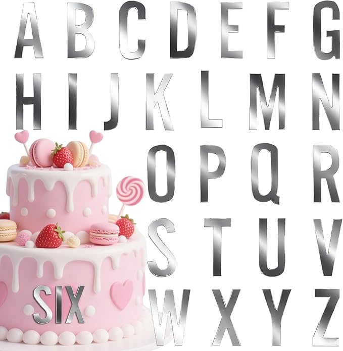 Silver Mirror Acrylic Alphabet Cake Toppers（A-Z Set） - Elegant Personalized Letter Decorations for Weddings, Birthdays & Special Occasions - Reusable