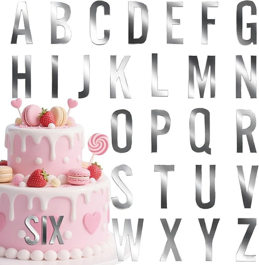 Silver Mirror Acrylic Alphabet Cake Toppers（A-Z Set） - Elegant Personalized Letter Decorations for Weddings, Birthdays & Special Occasions - Reusable