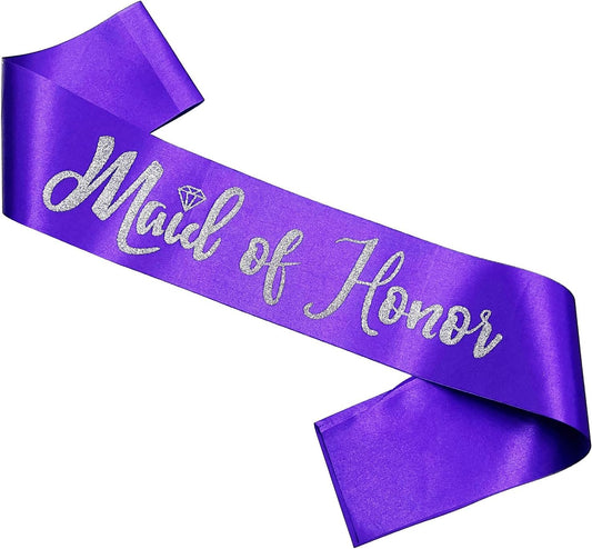 Maid of Honor Sash, Purple Sash with Silver Glitter Letter Bachelorette Party Sash for Bridal Shower Wedding Party Accessories Supplies Engagement Gifts