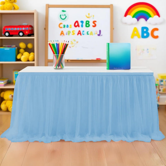 6FT Tulle Table Skirt for Teacher Desk Rectangular Ruffle Table Back to School Supplies for Kindergarten Preschool Middle School Classroom Decor, Sky Blue