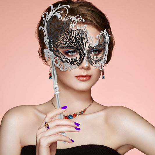 Coddsmz Masquerade Mask with Stick Venetian Mask Mardi Gras Decorations for Womens Halloween Costume Mask