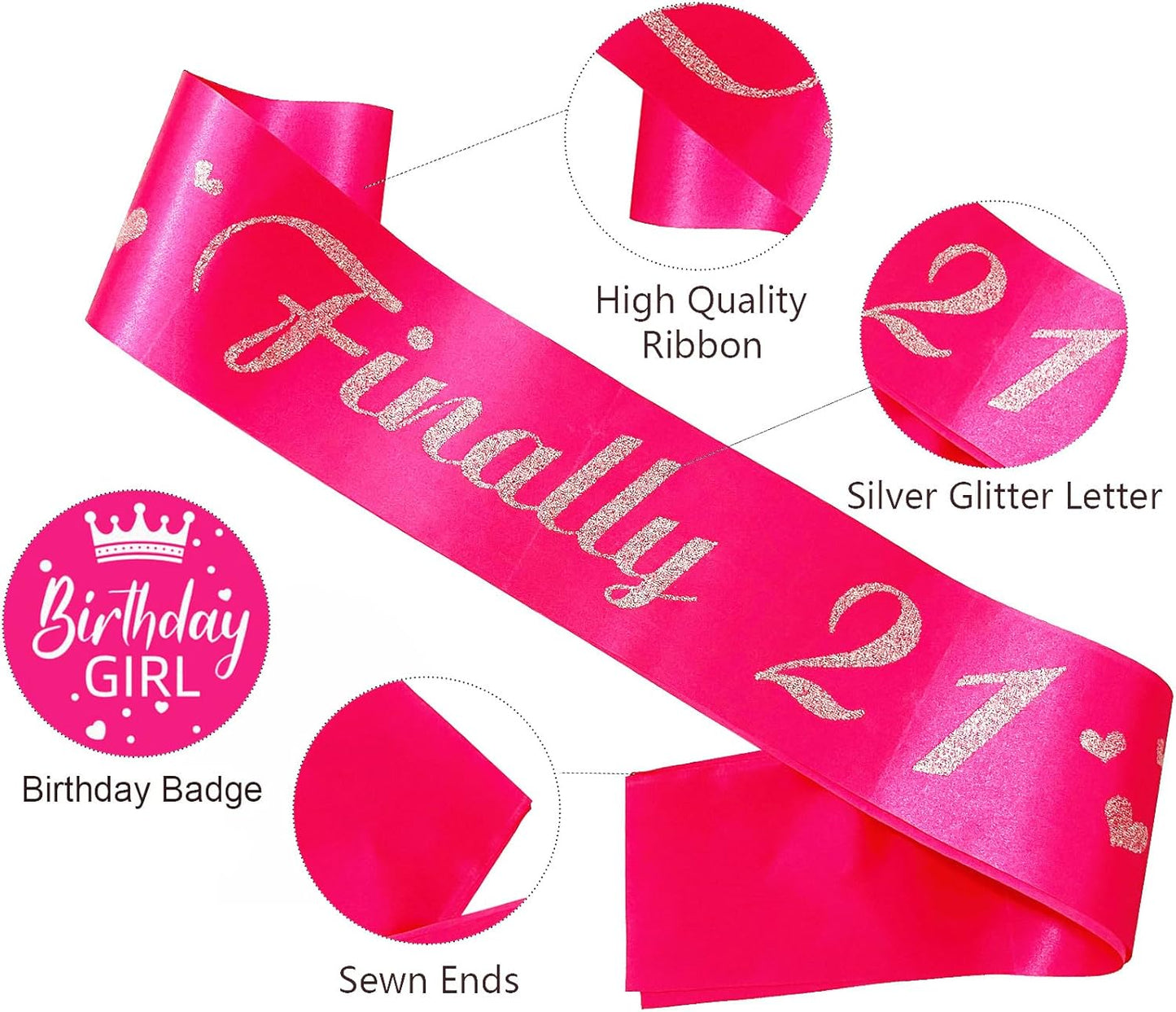 21st Birthday Sash, Hot Pink Satin Soft Sashes with Silver Glitter Letter, Birthday Decorations for Girls, Happy 21st Birthday Party Favor Supplies,hot Pink