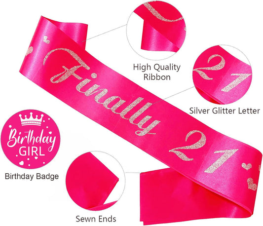 21st Birthday Sash, Hot Pink Satin Soft Sashes with Silver Glitter Letter, Birthday Decorations for Girls, Happy 21st Birthday Party Favor Supplies,hot Pink