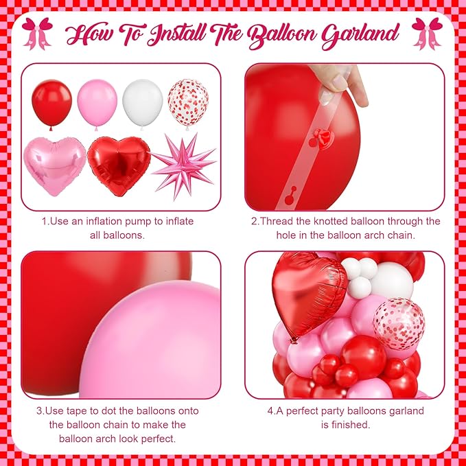 Pink Balloon Garland Arch Kit,Red Pink White Balloon Garland with 18Inch Heart Balloons and 22Inch Star Balloons for Mother's Day Valentines Birthday Wedding Anniversary Party Decorations