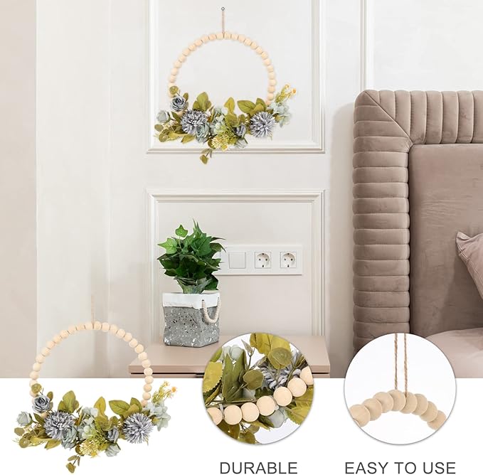 DECHOUS Wood Bead Garland Floral Hoop Wreath Wall Hanging Decor Artificial Flower with Eucalyptus Leaves Hanging Hoop Wreath for Thanksgiving Xmas Wedding Arch Backdrop Door Dark Blue