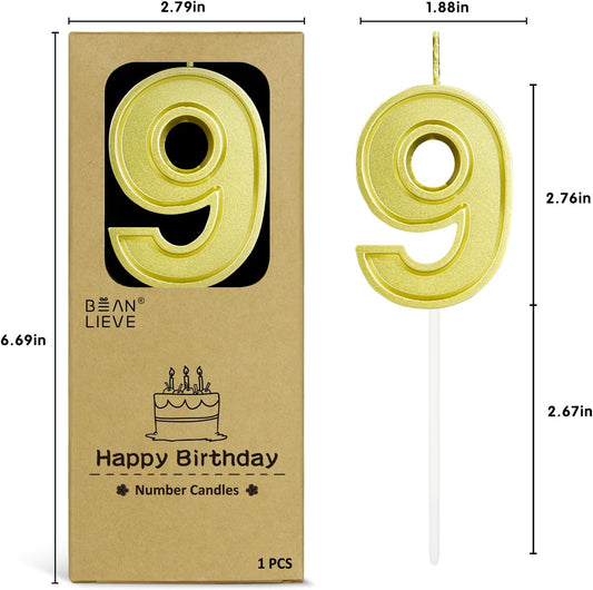 BEAN LIEVE Gold Birthday Candles Number 9, Gold Number Candles, Cake Number Candles for Birthday Parties and Wedding Anniversary Celebrations