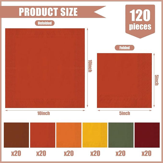 Whaline 120Pcs Fall Colors Cocktail Napkin Autumn Brown Orange Green Beverage Luncheon Paper Napkins 2 Ply for Thanksgiving Home Party Table Decor, 6 Colors