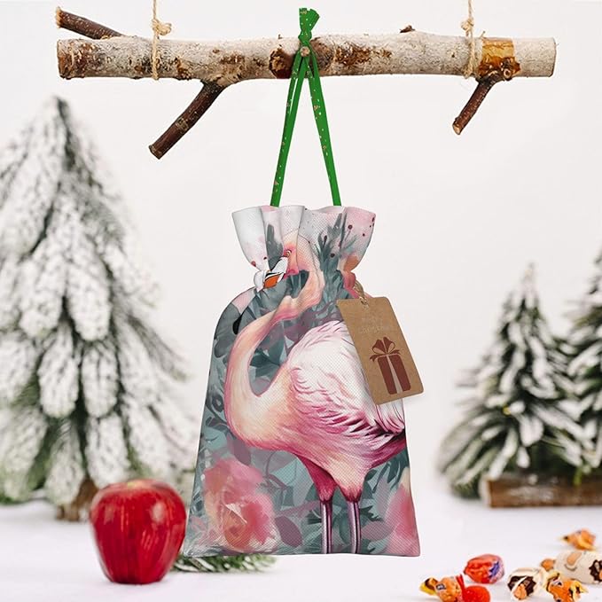 QSMJKLD Drawstring Christmas Gift Bags Vintage Boho Flamingo Florals Gift Bag Burlap Xmas Candy Pouch Reusable Christmas Wrapping Bag Xmas Party Favor Bags for Holiday Wrapping Presents Small