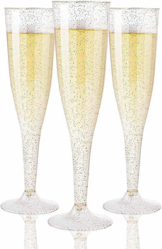 WDF 36 Pack Gold Glitter Plastic Champagne Flutes - 7OZ Disposable Gold Champagne Glasses Plastic for Thanksgiving Party, Wedding, New Year