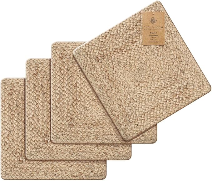 Handcrafted Jute Braided Placemats Set of 4 - 100% Jute Handwoven Rustic Vintage Farmhouse Placemats 14x14 Inch Square, Durable Non-Slip for Dining, Kitchen, Coffee Table Décor Table Mats