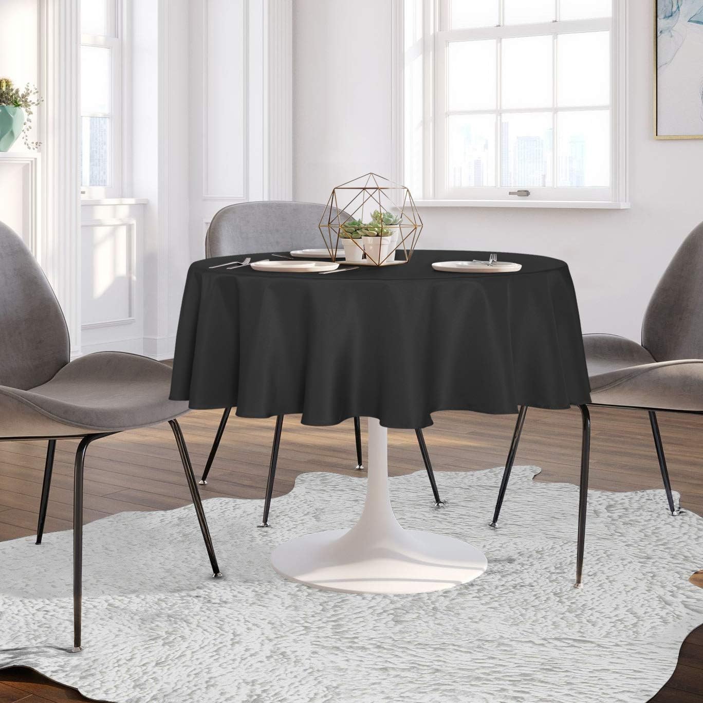 sancua Round Tablecloth - 60 Inch - Water Resistant Spill Proof Washable Polyester Table Cloth Decorative Fabric Table Cover for Dining, Buffet Parties and Camping, Black (Fits 20-48 Inch Tables)