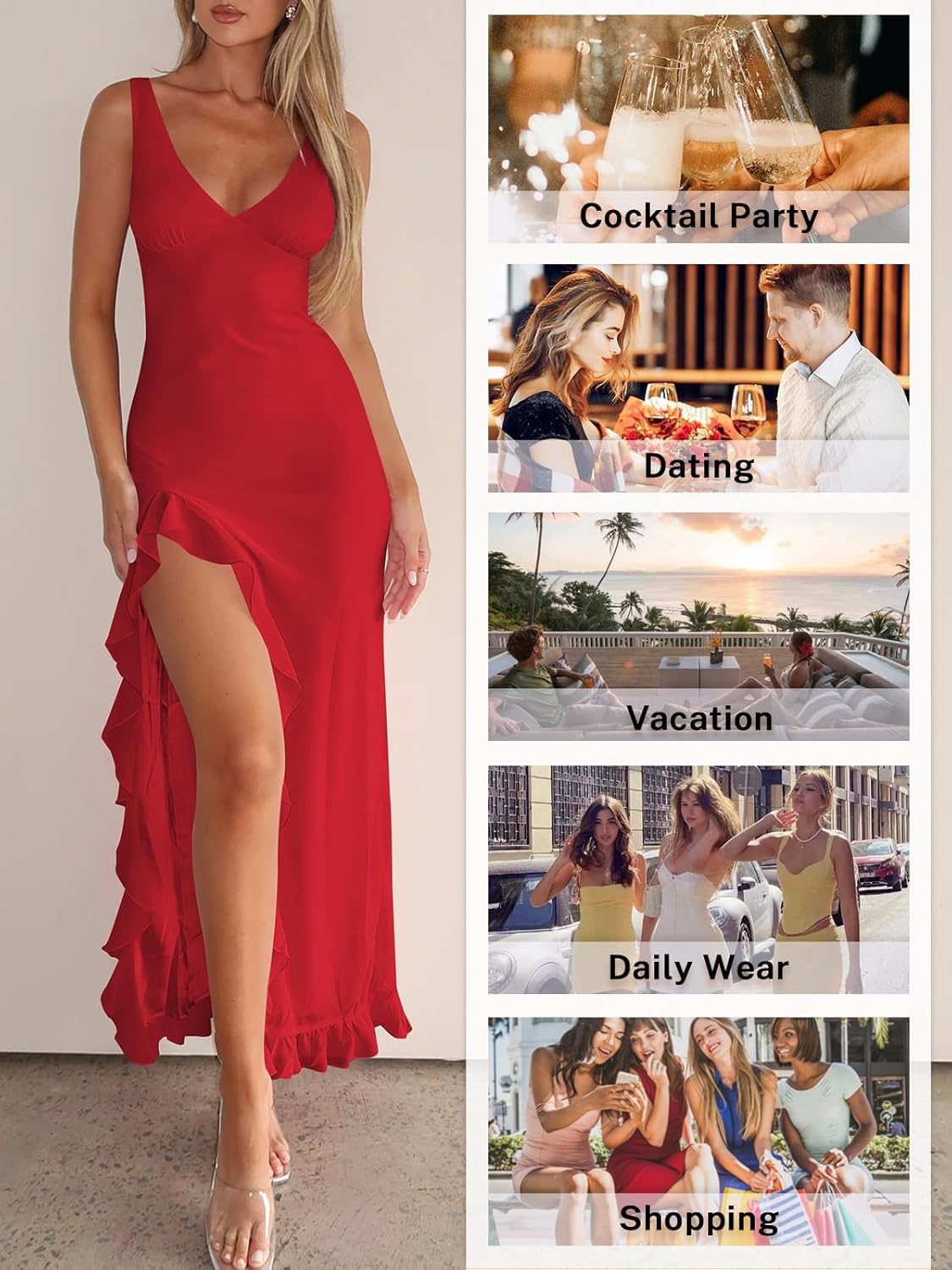 Women Sexy V Neck Sleeveless Mesh Ruffle Hem Bodycon Maxi Casual Backless High Slit Cocktail Party Dress