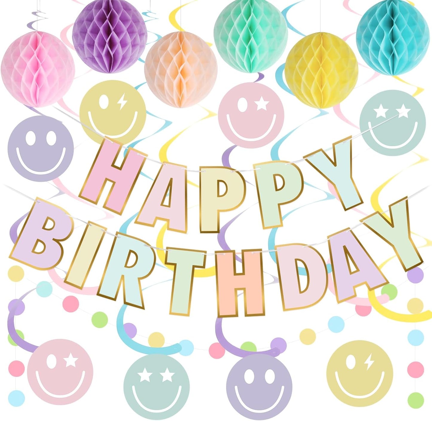 Birthday Decorations, NO DIY, Pre-Strung Happy Birthday Banner with Honeycomb Balls, Hanging Swirls, Circle Dots Garland, Happy Birthday Party Decorations for Women Men Boys Girls (Pastel)
