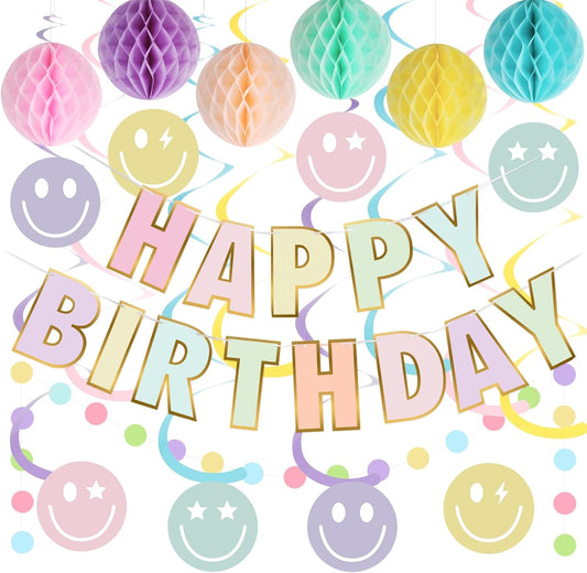 Birthday Decorations, NO DIY, Pre-Strung Happy Birthday Banner with Honeycomb Balls, Hanging Swirls, Circle Dots Garland, Happy Birthday Party Decorations for Women Men Boys Girls (Pastel)