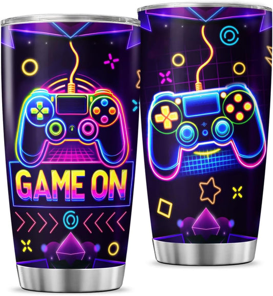 Gaming Controller Themed Cup for Gamers, Neon Design Stainless Steel Insulated Tumbler, 20oz Vacuum Travel Mug for Boys, Teens, Men, Game Lovers Gift for Birthday, Outdoor