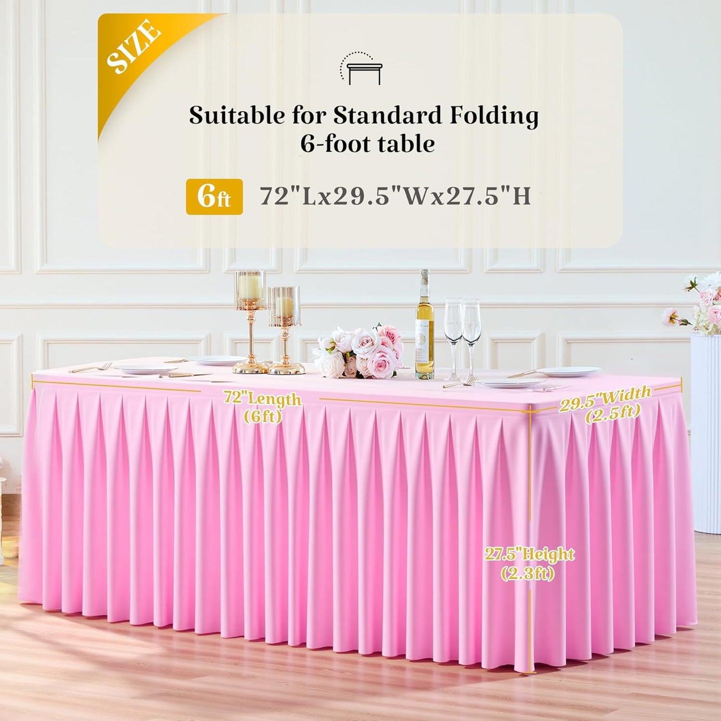HB HBB MAGIC 6 Pack Pink Tablecloths for 6 Foot Rectangle Tables, Elegant Pleated Table Skirt – Wrinkle Free Stretch Fitted Table Cover for Weddings, Banquets, Birthday Parties & Events