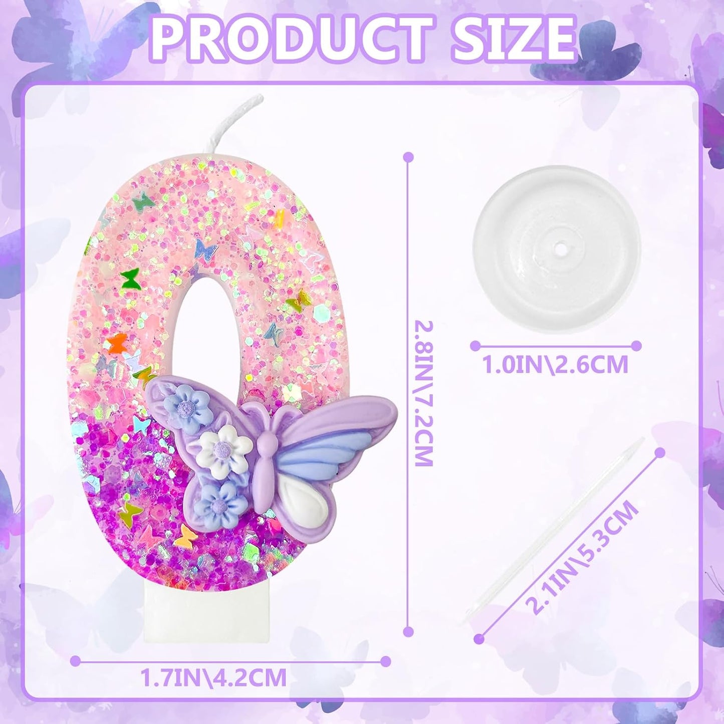 HXOUSE Butterfly Number 0 Birthday Candles - Pink & Purple Butterfly Birthday Candles for Cake, 0 Candle Topper for Anniversary Celebrations Supplies, Fairy Party Decorations for Girl (Number 0)