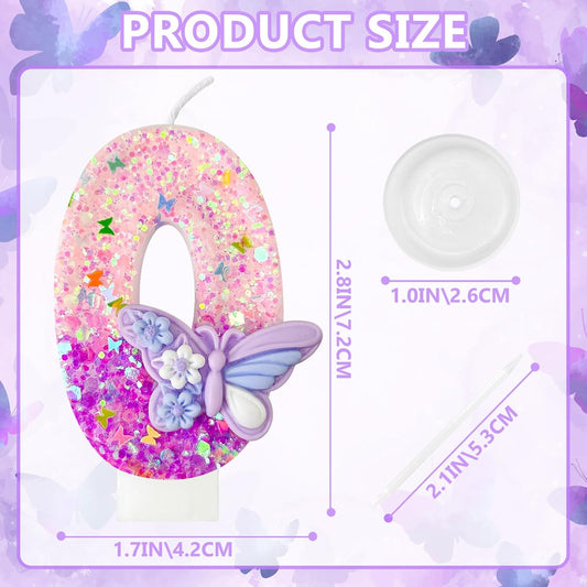 HXOUSE Butterfly Number 0 Birthday Candles - Pink & Purple Butterfly Birthday Candles for Cake, 0 Candle Topper for Anniversary Celebrations Supplies, Fairy Party Decorations for Girl (Number 0)