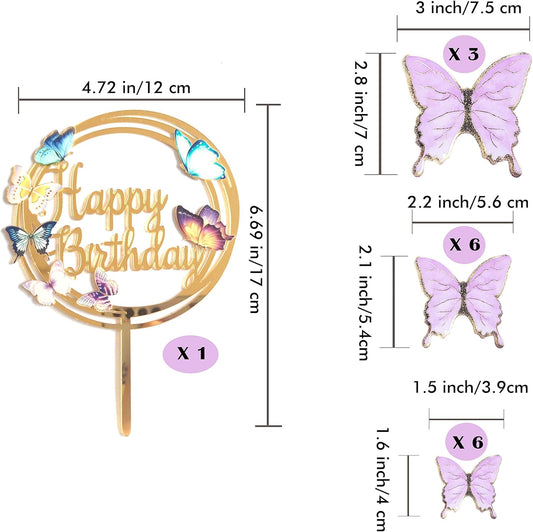 Purple Gold Butterfly Cake Toppers Decorations - 1 Big Acrylic Happy Birthday Cake Topper & 15Pcs 3D Butterfly Cupcake Toppers - Perfect for Women Girl's Birthday