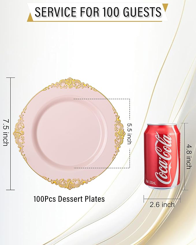 Nervure 100PCS Pink and Gold Plastic Plates - 7.5 inch Pink Plastic Plates with Gold Rim - Disposable Dessert Plate for Wedding & Party & Easter