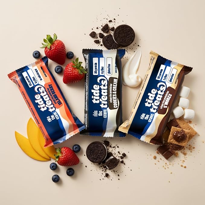 25g Protein Bar Crispy Rice Treat Cookies & Cream | Clean Ingredients, No Added Sugar, 7g Fiber, Gluten Free | High Protein Snack for On-the-Go, Post-Workout or Dessert Cravings | 8 Count | Tidetreats