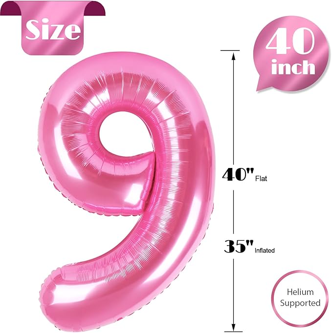 Pink Number 9 Balloon 40 Inch, 9th Birthday Party Decorations for Children, Giant 9 Foil Balloon for Party Supplies