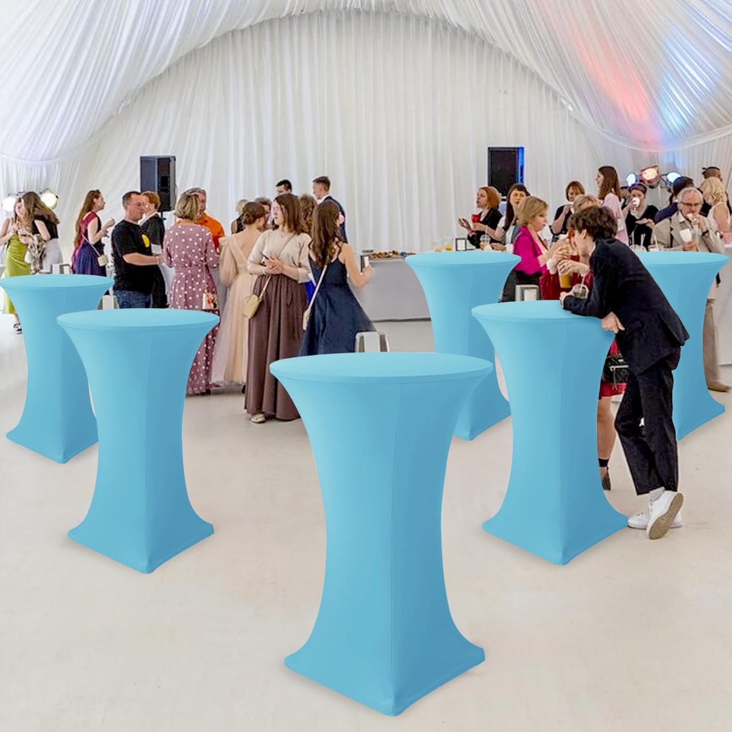 Cocktail Table Covers-Spandex Round High Top Table Cloths 6 Pack 32x43 Inch-Light Blue Stretch Fitted Bar Tall Tablecloth for Pub Bistro Highboy Party Banquet Height Folding Satnding Tables