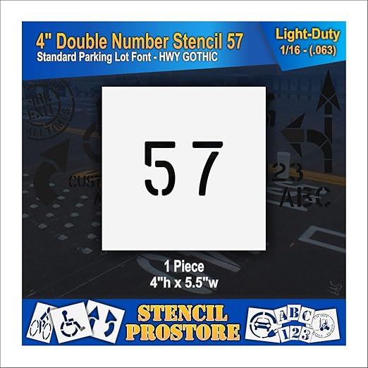 Pavement, Curb, and WheelStop Stencils - 4 inch Double Number Stencil - (57) - 4" x 5.5" x 1/16" (63 mil) - Light-Duty