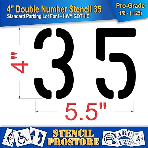 Pavement, Curb, and WheelStop Stencils - 4 inch Double Number Stencil - (35) - 4" x 5.5" x 1/8" (128 mil) - Pro-Grade