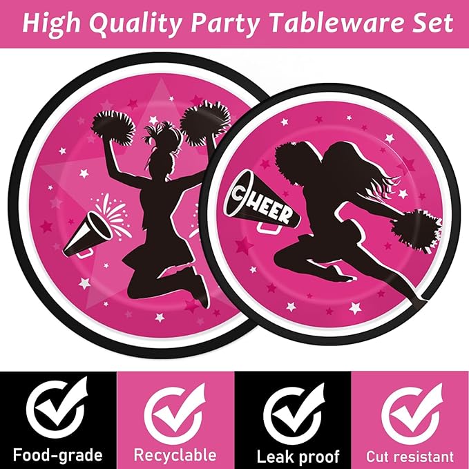 OBUSATT 96Pcs Cheerleader Party Supplies Cheerleading Paper Plates Napkins Gymnastics Party Decorations Girls' Birthday Dinnerware Party Favor Tableware Serves 24