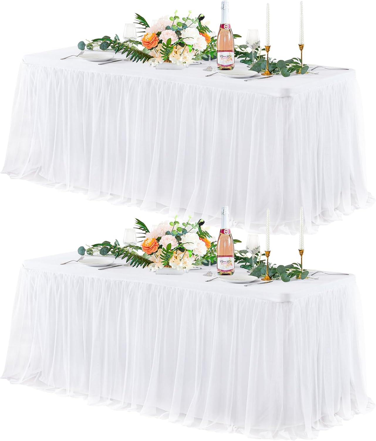 2 Pack White Tulle Tablecloths for 8 Foot Rectangular Tables, 8ft White Tulle Table Skirt, Wrinkle Free Table Cover with Tutu Skirt for Wedding Bridal Shower Birthday Party Banquet Buffet Cake Event