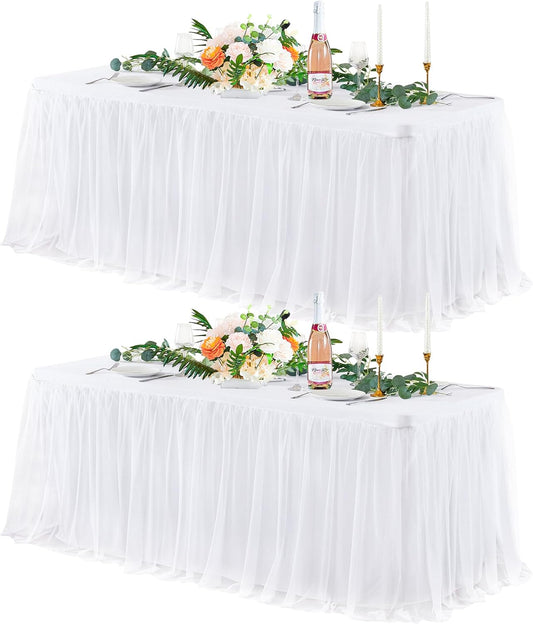 2 Pack White Tulle Tablecloths for 8 Foot Rectangular Tables, 8ft White Tulle Table Skirt, Wrinkle Free Table Cover with Tutu Skirt for Wedding Bridal Shower Birthday Party Banquet Buffet Cake Event