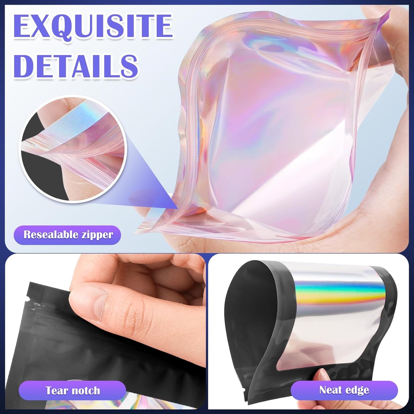 300 Pcs Mylar Bags, Smell Proof Bags Foil Pouch, Holographic Resealable Bags for Small Business, Candy Sample Jewelry Bag Sealable Packaging for Party Favor Food Storage (5.5x7.9in-Black)